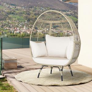 Cocoon Rotan Fauteuil PE Natuurlijke Stijl met Dikke Kussens Relax Stoel 110 x 82 x 145 CM Max Belasting 205 kg