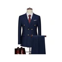 Men's Double Breasted Slim Fit 2-Piece Business Suit - Navy Blue Navy Blue / XXS