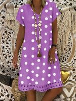 Women V-Neck Short Sleeve Hollow Polka Dot Summer Dress - thumbnail