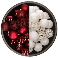 74x stuks kunststof kerstballen mix van donkerrood en wit 6 cm - Kerstbal