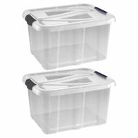 Opbergbox - 2x - transparant/zilvergrijs - 30 liter - 49 x 39 x 26 cm - kunststof - opbergdoos