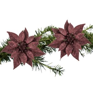 2x stuks kerstboom decoratie bloemen donkerrood glitter op clip 18 cm