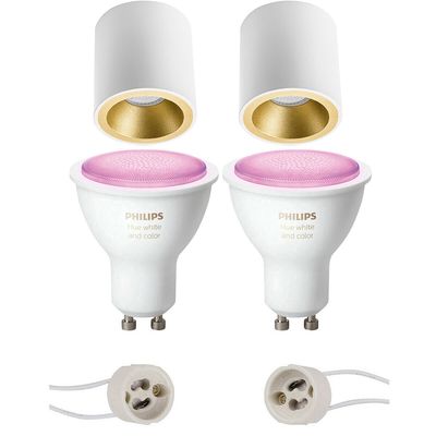 Pragmi Cliron Pro - Opbouw Rond - Mat Wit/Goud - Verdiept - Ø90mm - Philips Hue - Opbouwspot Set GU10 - White and Color Ambiance - Bluetooth