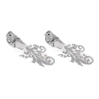 Kerstboomversiering Vogels - 4x stuks - 15 cm - Zilveren glitter - op clip