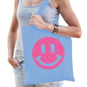 Cadeau tas voor dames - glitter smiley - blauw - katoen - 42 x 38 cm - Moederdag - verjaardag