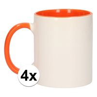 4x Wit met oranje koffiemokken zonder bedrukking