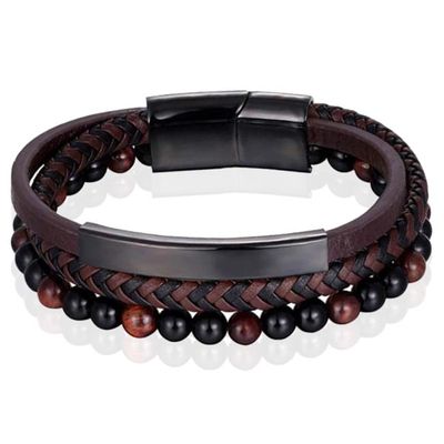 Heren armband Memphis Tijgeroog kraal gevlochten leer Zwart Bruin - 21cm