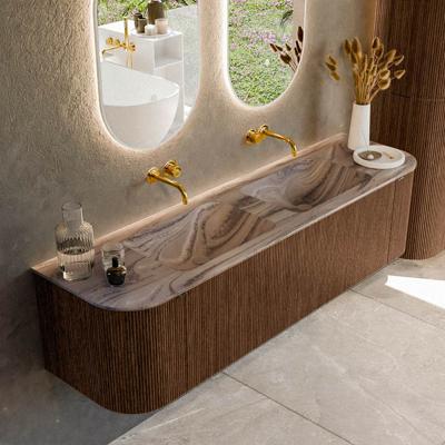 Badmeubel Mondiaz Kurve-Dlux | 170 cm | Meubelkleur Walnut | Wastafelkleur Sombra | Solid surface | Wasbak beide zijden spoelbak | Zonder kraangat(en)