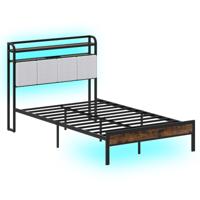 Bedframe met Ledverlichting en Oplaadstation Metalen Platformbed met Linnen Gestoffeerd Hoofdeinde en 2-Laags Opbergruimte Bruin