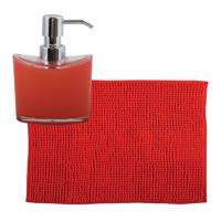 MSV badkamer droogloop mat/tapijtje - 50 x 80 cm - en zelfde kleur zeeppompje 260 ml - rood - Badmatjes