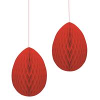 Pasen thema versiering - 2x - papier - hangend paasei van 20 cm aan koord - rood