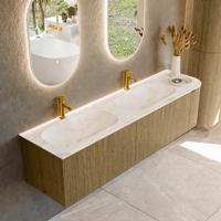 Badmeubel Mondiaz Kurve-Dlux | 175 cm cm | Meubelkleur Dusk | Wastafelkleur Frappe | Solid surface | Dubbel / Links spoelbak | 2 kraangaten