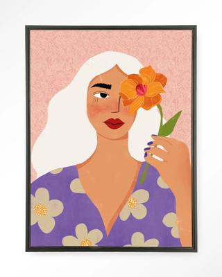 Urban Cotton Wandkleed 'Flower Girly' 110 x 145cm in Floating Frame - black