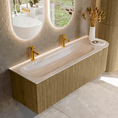 Badmeubel Mondiaz Kurve-Dlux | 145 cm | Meubelkleur Dusk | Wastafelkleur Meli | Solid surface | Wasbak linker zijde spoelbak | 2 kraangaten