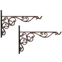 2x stuks muurhaken met sierkrullen bruin 35 x 25 cm - gietijzer - hanging basket haak