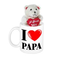 Vaderdag cadeau I Love Papa beker / mok 300 ml met beige knuffelbeertje met love hartje - thumbnail