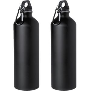 2x Stuks aluminium waterfles/drinkfles zwart met schroefdop en karabijnhaak 800 ml