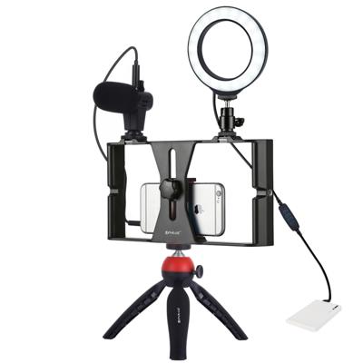 PULUZ 4 in 1 VLogging live uitzending smartphone video Rig + 4 7 inch 12cm ring LED Selfie Light kits met microfoon + statief mount + koude schoen sta