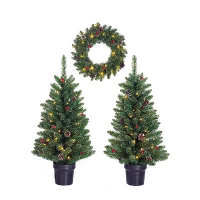 Kerst voordeur versiering kerstbomen en kerstkrans set met licht en versiering 90 x 43 cm