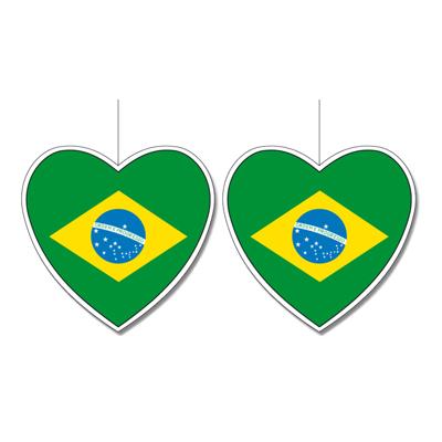 Brazilie vlag hangdecoratie - 2x stuks - hartjes vorm - karton - 14 cm - Brandvertragend - Feestarti