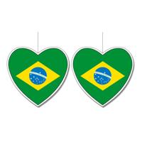 Brazilie vlag hangdecoratie - 2x stuks - hartjes vorm - karton - 14 cm - Brandvertragend - Feestarti
