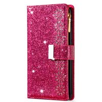 iPhone 14 hoesje - Bookcase - Koord - Pasjeshouder - Portemonnee - Glitter - Bloemenpatroon - Kunstleer - Roze