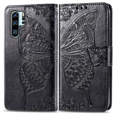 Butterfly Love bloemen reliëf horizontale Flip lederen case voor Huawei P30 Pro met houder & kaartsleuven & portemonnee & Lanyard (zwart)