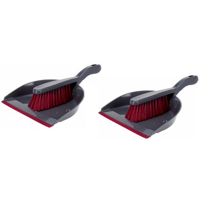 2x Kunststof stoffer en blik antraciet/roze