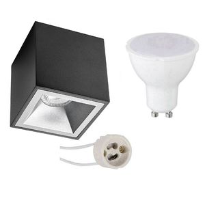 Opbouwspot Set - Pragmi Cliron Pro - GU10 Fitting - Opbouw Vierkant - Mat Zwart/Zilver - 6W - Warm Wit 3000K - Verdiept