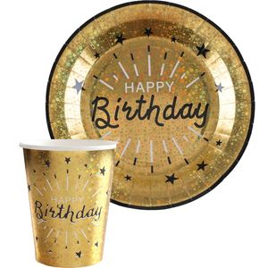 Verjaardag feest bekertjes/bordjes happy birthday - 20x - goud - karton