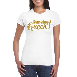 Vrijgezellenfeest t-shirt dames - Dancing Queen - wit - gouden glitter - foute party