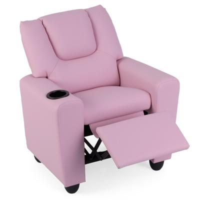 Kinderfauteuil met Relaxfunctie Stoffen Kinderbank met Verstelbare Rugleuning en Voetsteun Kinderbank met Bekerhouder-Roze