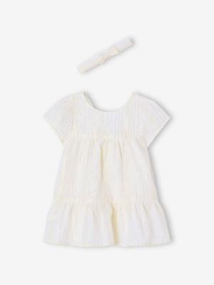Feestelijke set met gestreepte jurk met glinsterdraad + bijpassend hoofdband voor baby wit, gestreept