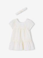 Feestelijke set met gestreepte jurk met glinsterdraad + bijpassend hoofdband voor baby wit, gestreept