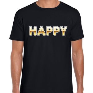 Happy fun tekst t-shirt zwart met goud voor heren