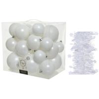 Kerstversiering kunststof kerstballen 6-8-10 cm met sterren slingers pakket winter wit van 28x stuks - Kerstbal - thumbnail