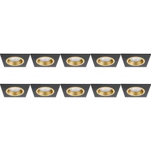 Spot Armatuur 10 Pack - Pragmi Rodos Pro - GU10 Inbouwspot - Vierkant - Zwart/Goud - Aluminium - 93mm