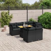 8-delige Loungeset met kussens poly rattan zwart