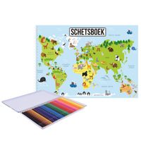 A4 aarde/wereldmap schetsboek/ tekenboek/ kleurboek/ schetsblok wit papier met 36x kleurpotloden - Schetsboeken - thumbnail
