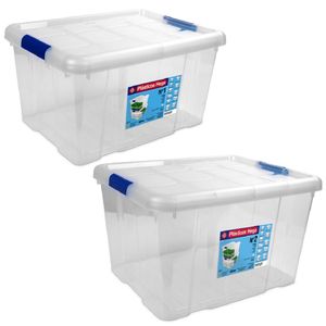 2x Opbergboxen/opbergdozen met deksel 16 en 25 liter kunststof transparant/blauw