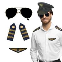 Carnaval verkleed set - pilotenpet - blauw - met epauletten/badge/zonnebril - heren/dames