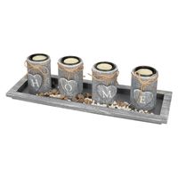 Kaarsenhouders set - home deco - 4x kaarsen en onderbord - hout - grijs - theelichtjes houder