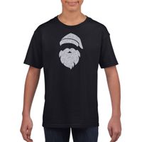 Kerstman hoofd Kerst t-shirt zwart voor kinderen met zilveren glitter bedrukking