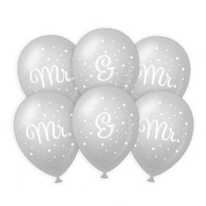 6x stuks Mr. & Mr. huwelijks feest ballonnen - zilver/wit - latex - ca 30 cm