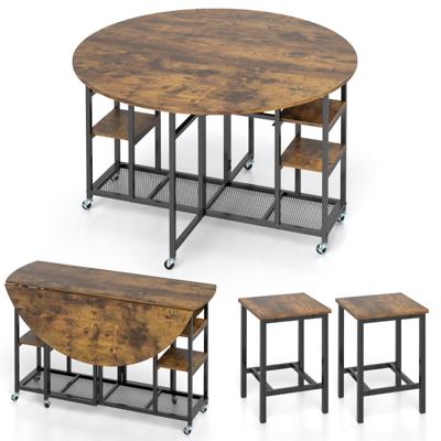 3-Delige Eetgroep Inklapbare Keukentafel met 2 Krukken & Wijnrek & Opbergplanken Eetkamergroep