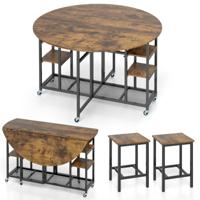 3-Delige Eetgroep Inklapbare Keukentafel met 2 Krukken & Wijnrek & Opbergplanken Eetkamergroep