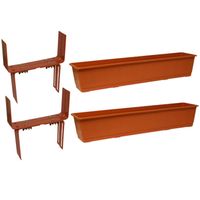 Set van 3 kunststof plantenbakken terracotta rechthoekig 80 cm met 6 verstelbare balkon/muurbeugels