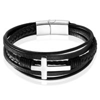 Mendes Jewelry Roestvrijstalen en Echt Lederen Heren Armband met Groot Kruis in Zwart en Zilver-21cm