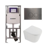 QeramiQ Dely Toiletset - 36.3x51.7cm - diepspoel - rimless - Geberit UP320 inbouwreservoir - softclose toilet zitting 35 mm - gunmetal bedieningsplaat - ronde knoppen - mat wit SW1026254/SW1000767/0701131/SW706198