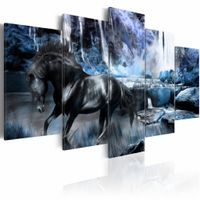 Schilderij - Paard en waterval , zwart blauw , 5 luik